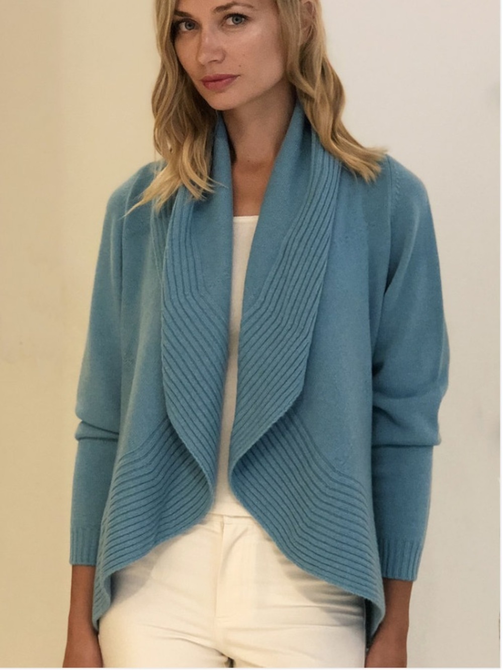 Rani Arabella Blue Margot Cashmere Cropped Shawl Cardigan Size Medium